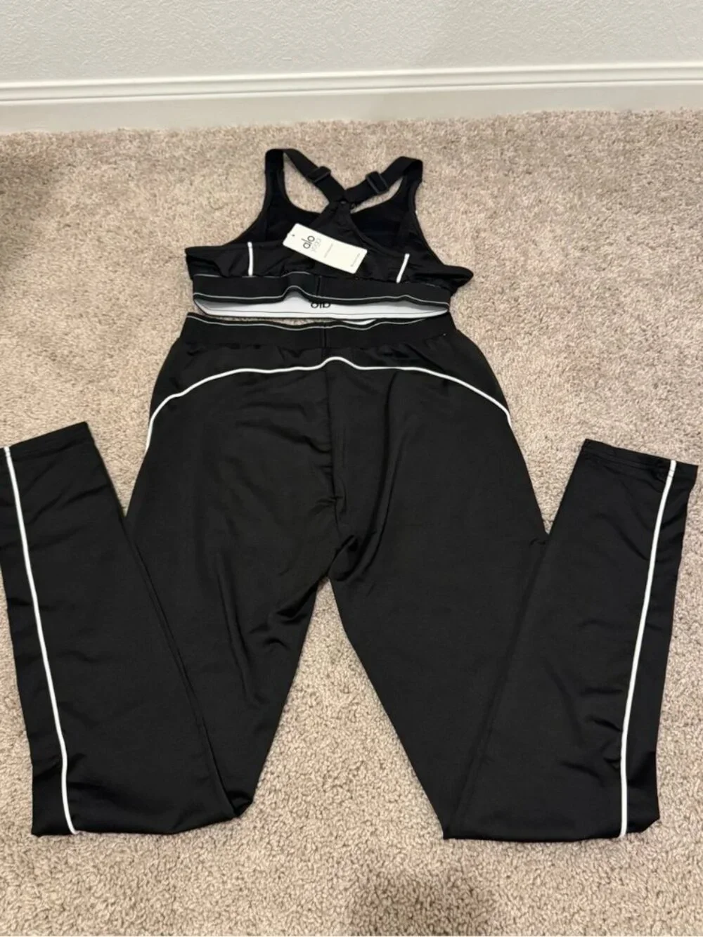 ALO Yoga Black Leggings and Sports Bra Set with White Piping
